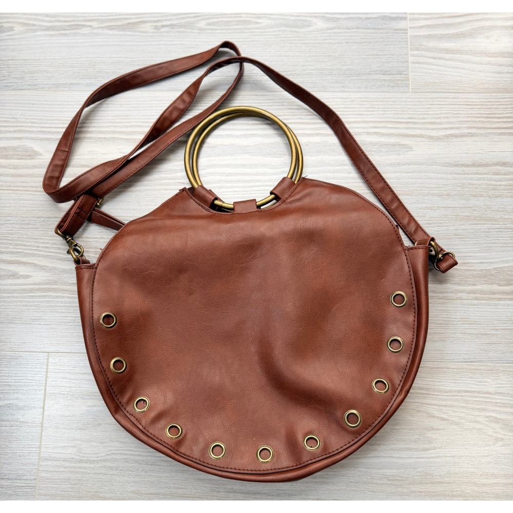 Unbranded Round Crossbody Bag Ring Handle Grommet Detail OS Brown Good